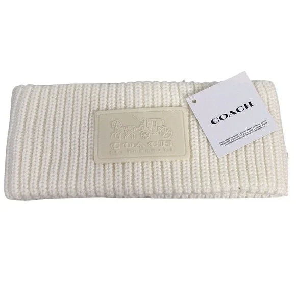Coach Knit Headband Womens One Size Ivory White Ribbed‎ Logo Patch Ear Warmer
