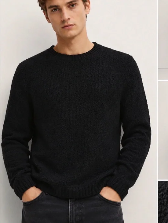 Zara Men’s Textured Knit Crewneck Sweater Black XL