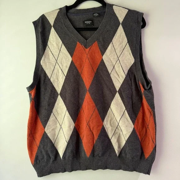 Haggar Argyle Sweater Vest Mens XL Grey Orange Cotton V-Neck Classic Knit Good