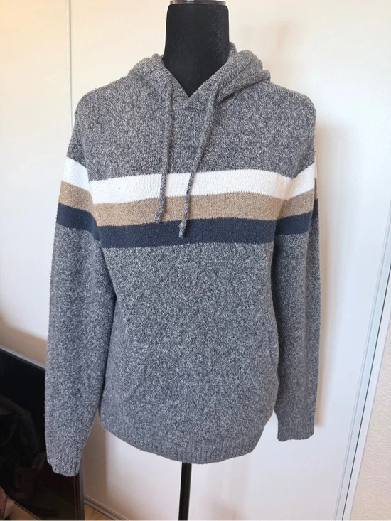 Old Navy Gray Hooded Sweater with White, Tan & Navy Stripes