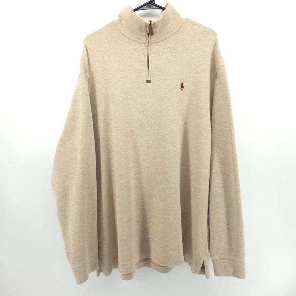 Polo Ralph Lauren Mens Quarter Zip Pullover XXL Beige Cotton Sweater Pony Logo