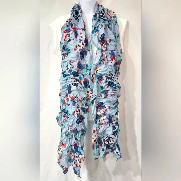 Light‎ Blue Cottage Girlhoodcore Feminine Ruched Floral Scarf