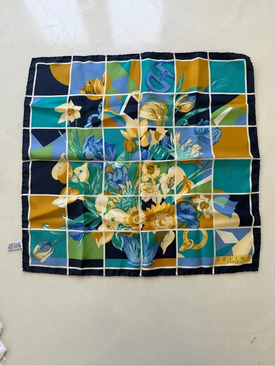 Celine Silk Scarf in Navy, Teal & Mustard