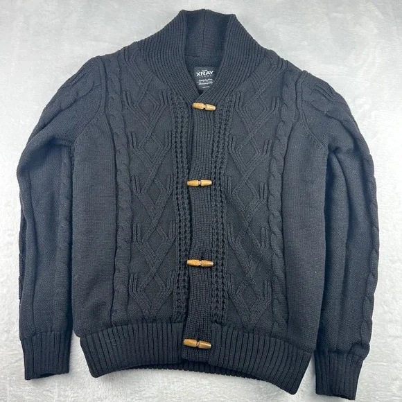 XRAY Jeans Mens Black Cable Knit Shawl Collar Toggle Button Cardigan Sweater L