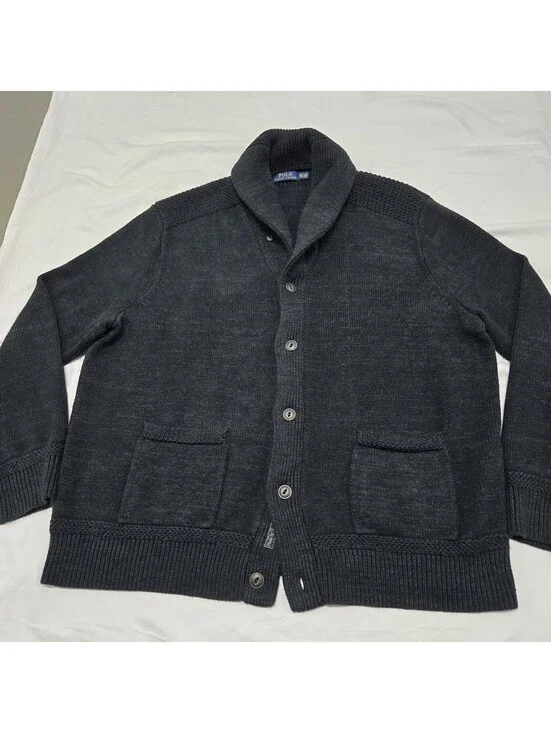 Sz 3XB Polo Ralph Lauren Cardigan Black 100% Cotton Button Up Shawl Sweater EUC