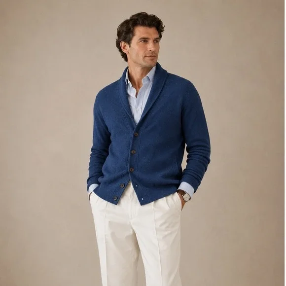 Banana Republic Cardigan Sweater Mens M Blue Shawl Collar Cotton preppy Academia
