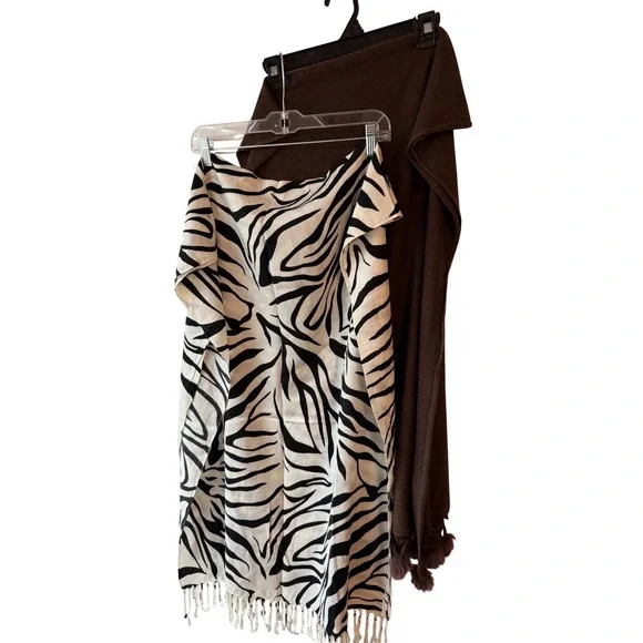 2 Scarf Bundle Zebra Print & Brown Pom‎ Pom Scarf Bundle NEW