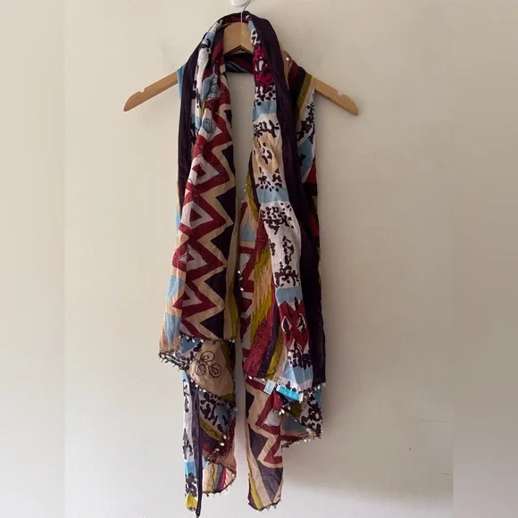 Collection Eighteen Multicolor Pattern Sequin Fringe Indian‎ Scarf