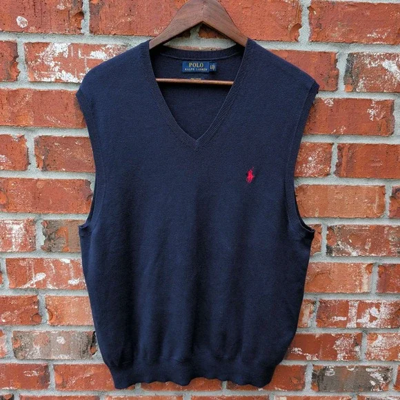 Polo Ralph Lauren Sweater Vest Men XL Navy Blue V-Neck Pima Cotton Pony Logo