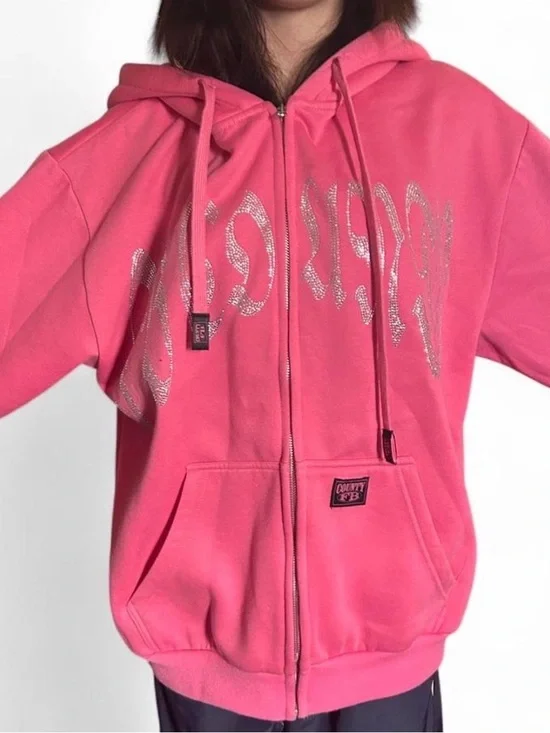 FB county Pink Zip-Up Hoodie with rhinestones