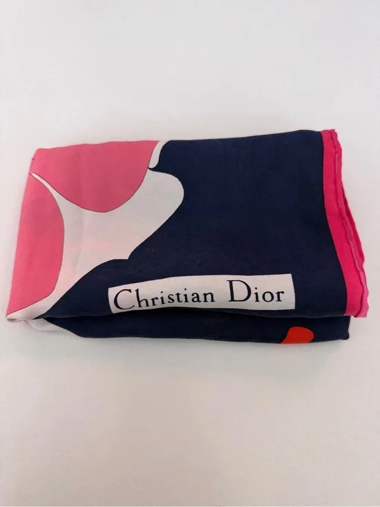 Vintage Christian Dior Navy & Pink Silk Scarf 29x29