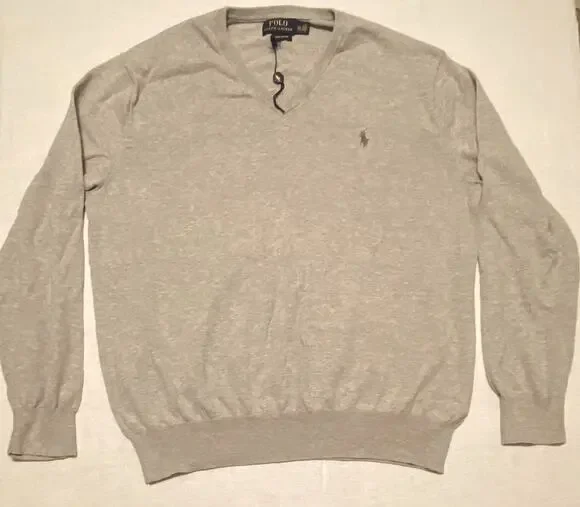 Polo Ralph Lauren Mens XXL Gray V-Neck Knit Cotton Logo Long Sleeve Sweater