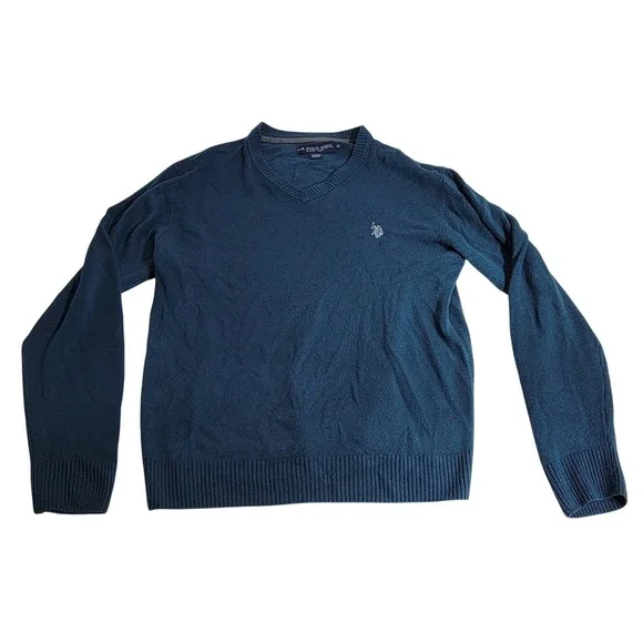 US Polo Assn Mens V-Neck Sweater Teal Blue Long Sleeve Logo Knit Medium