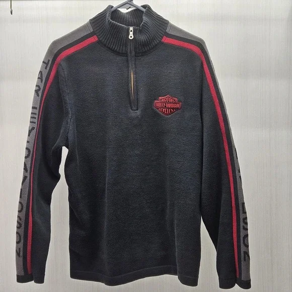 Harley-Davidson Mens Black Cotton 1/4 Zip Sweater Logo Sleeve Stripe Large L