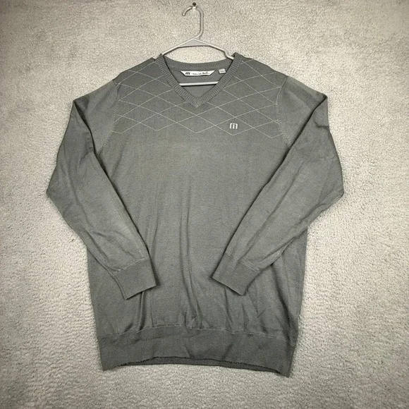 Travis Mathew Mens Gray V Neck Argyle Long‎ Sleeve Sweater Size L