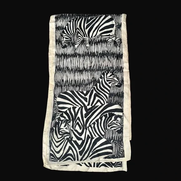 Forsum‎ Vintage Silk Scarf Earle Van Doorn Zebra Print Black White Japan 11x82