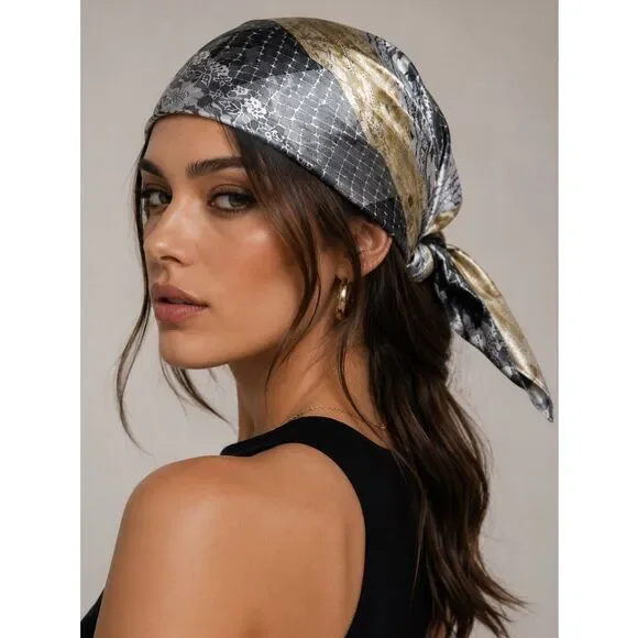 Rare Luxury JACQUARD CHARCOAL BOHEMIAN SCARF PLATINUM GOLD 19”x19”