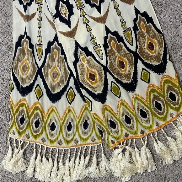 Boho Tassel Silk Scarf in Ivory with Olive & Tan Pattern And Beads