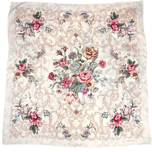 Ralph Lauren Scarf Silk Floral Filigree Beige Cream Cottagecore Romantic Elegant
