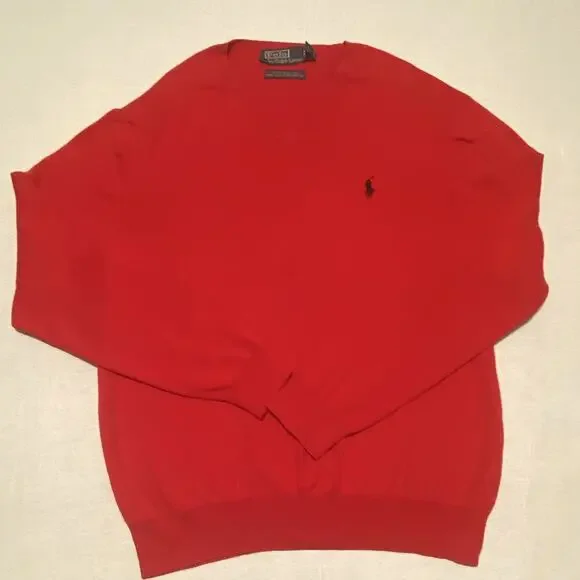 Polo by Ralph Lauren Mens L Red V-Neck Knit Cotton Polo Pony Logo Sweater
