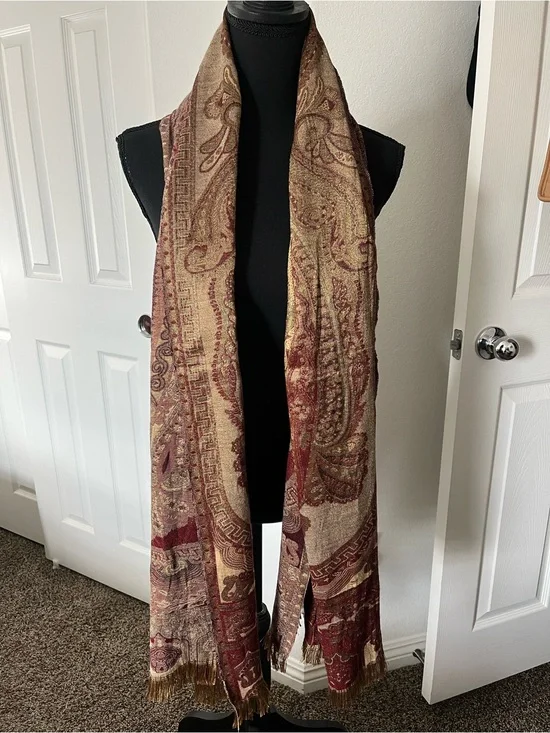 Vintage Paisley Fringe Scarf Shawl Wrap – Burgundy, Gold & Tan