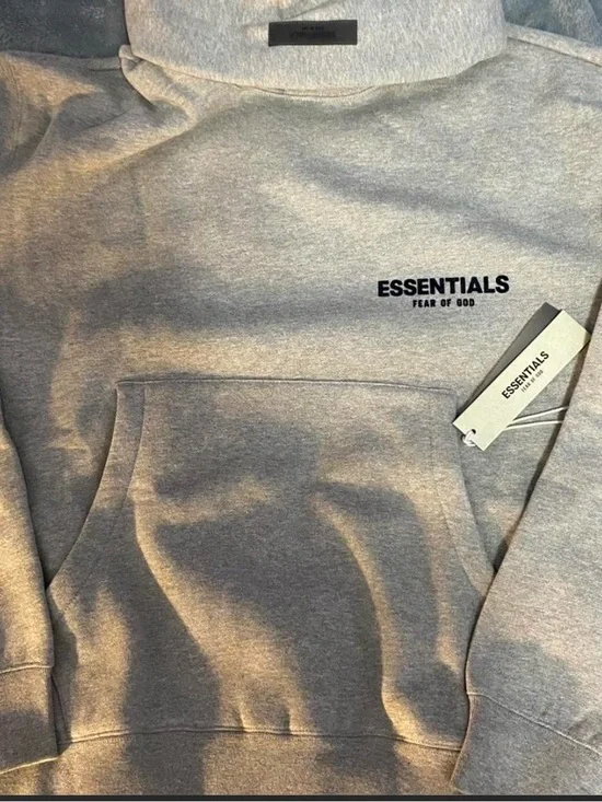 Fear of God ESSENTIALS Light Gray Pullover Hoodie with Black Logo