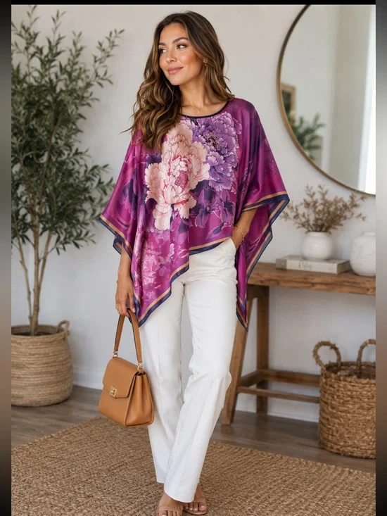 Purple Floral Satin Poncho Top - Stylish Women's Blouse Shawl