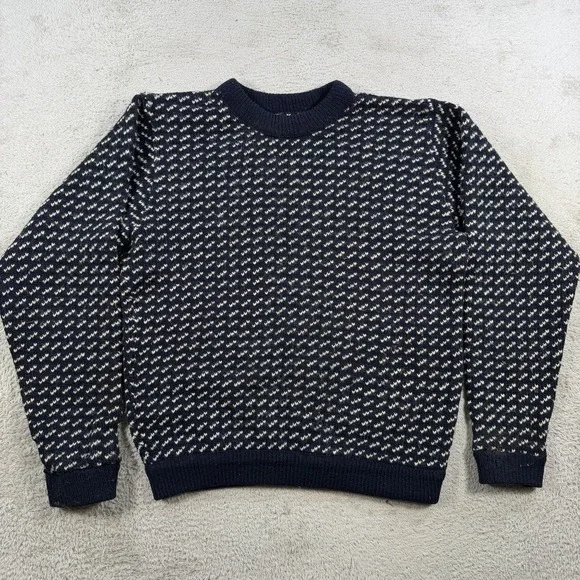 Vintage LL Bean Sweater Mens Medium Navy Birdseye Wool Fisherman Knit Pullover