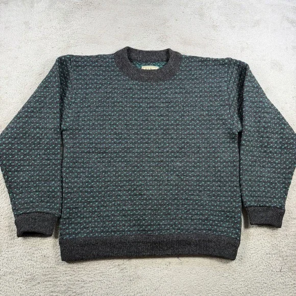 Vintage LL Bean Sweater Mens Medium Green Birdseye Wool Norway Fisherman Knit