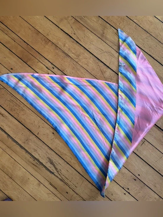 Vintage Scarf Acetate triangle striped pastel pink blue purple yellow Made Japan