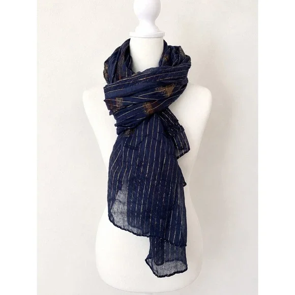 Navy Blue 100% Cotton Scarf Gold Elephant Print 44x68 Sheer Boho Wrap