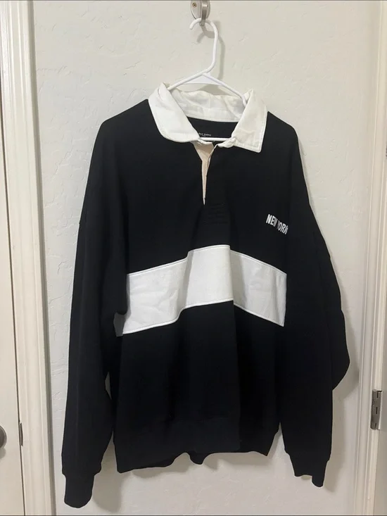 Men's Black Crewneck Rugby Sweater with White Stripe