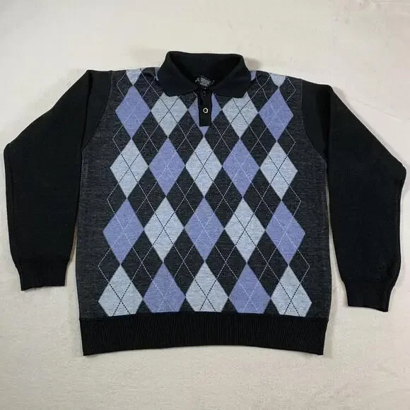 Johnny J Sweater‎ Mens Large Black Argyle Pullover Long Sleeve Collared Golf