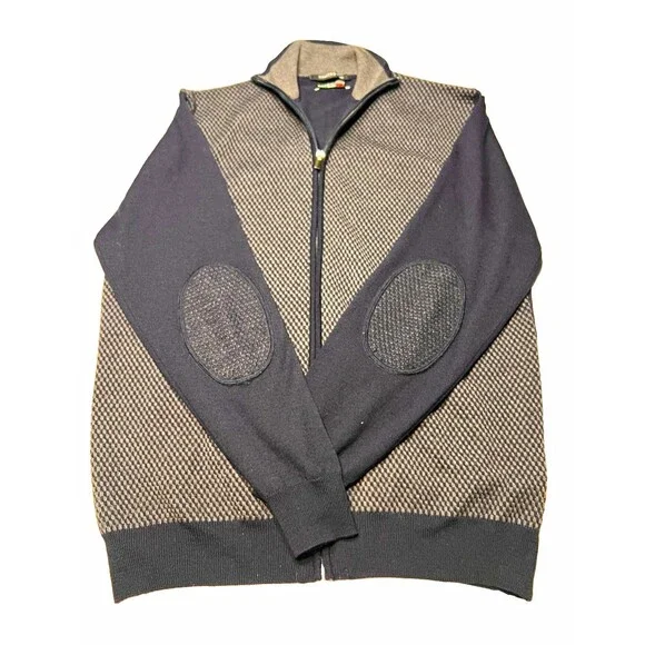 Hammer Made Italy Men's L 100% Lana Wool Full Zip Sweater Elbow Patches