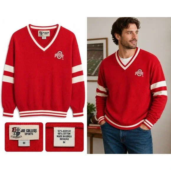 VINTAGE OHIO STATE Buckeyes V neck SWEATER Mens M Red White Joe College Preppy