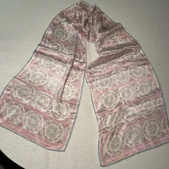 rectangular, pink and blue silk scarf, delicate, hand-rolled hem, Japan