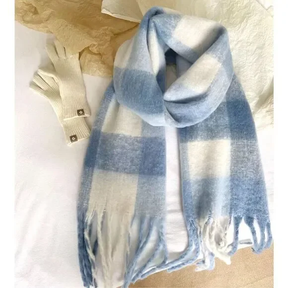 Blue and cream white plaid scarf