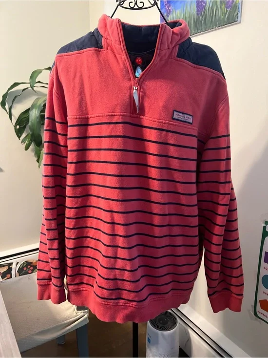 Vineyard Vines Men's Coral Red Quarter-Zip Fleece with Navy Stripes