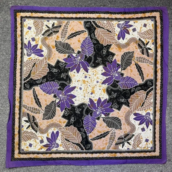 Oscar de la Renta Vintage Silk Scarf Purple Floral Batik Print Square Large 30in