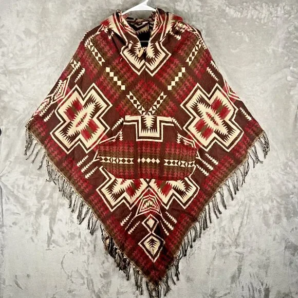 Women’s Aztec Print Hooded Poncho Brown Red Fringe Front Pocket Western One Size