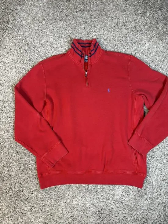 Polo Ralph Lauren Sweater Mens L Red 1/4 Zip Mock Neck Cotton Acrylic Pullover
