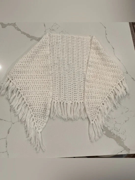 Handmade White Crochet Shawl Wrap With Tassels One Size Granny Cottage Boho