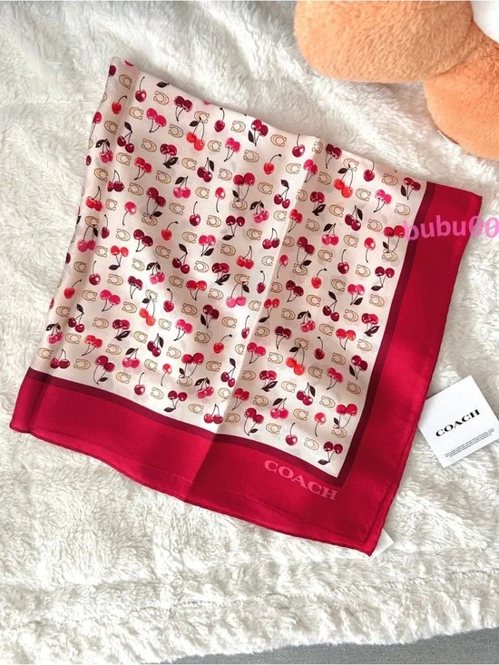 NWT🍒Coach Sculpted C Cherries Print Silk Bandana Red CDG76 23