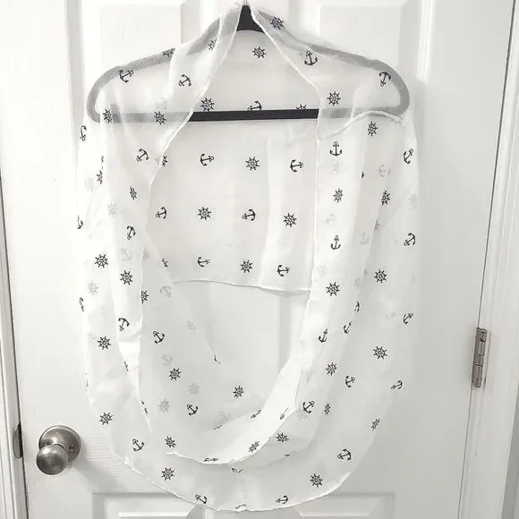 NWOT Nautical Navy Anchors Sheer White Infinity Scarf