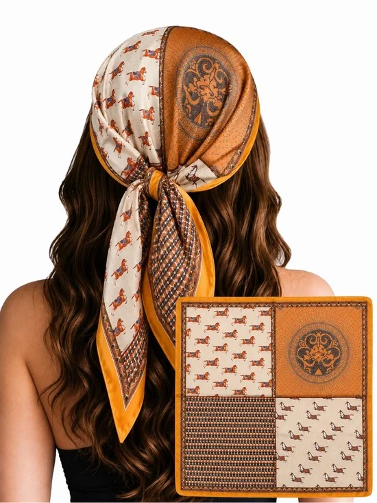 Silk-Feel Horse Print Bandana Scarf in Mustard Cream