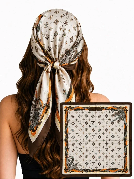 Silk-Feel Square Scarf in Cream, Brown & Orange