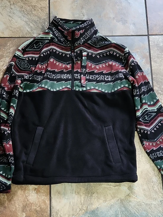 Billabong Black Fleece Zip-Up Sweater with Red & Green Pattern
