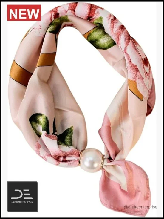Magnetic Buckle Silk Scarf with Pearl Charm Satin Square Scarf for Neck Retro