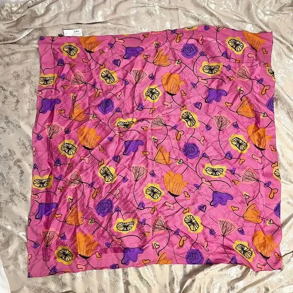 NWT Silk Scarf Soho Pink Orange Yellow Flowers 37