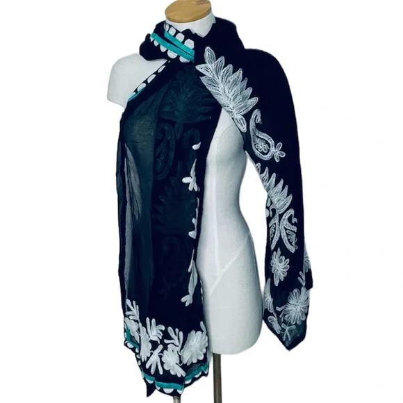 Boho black, white and green embroidered sarong, shawl, scarf polka dot floral